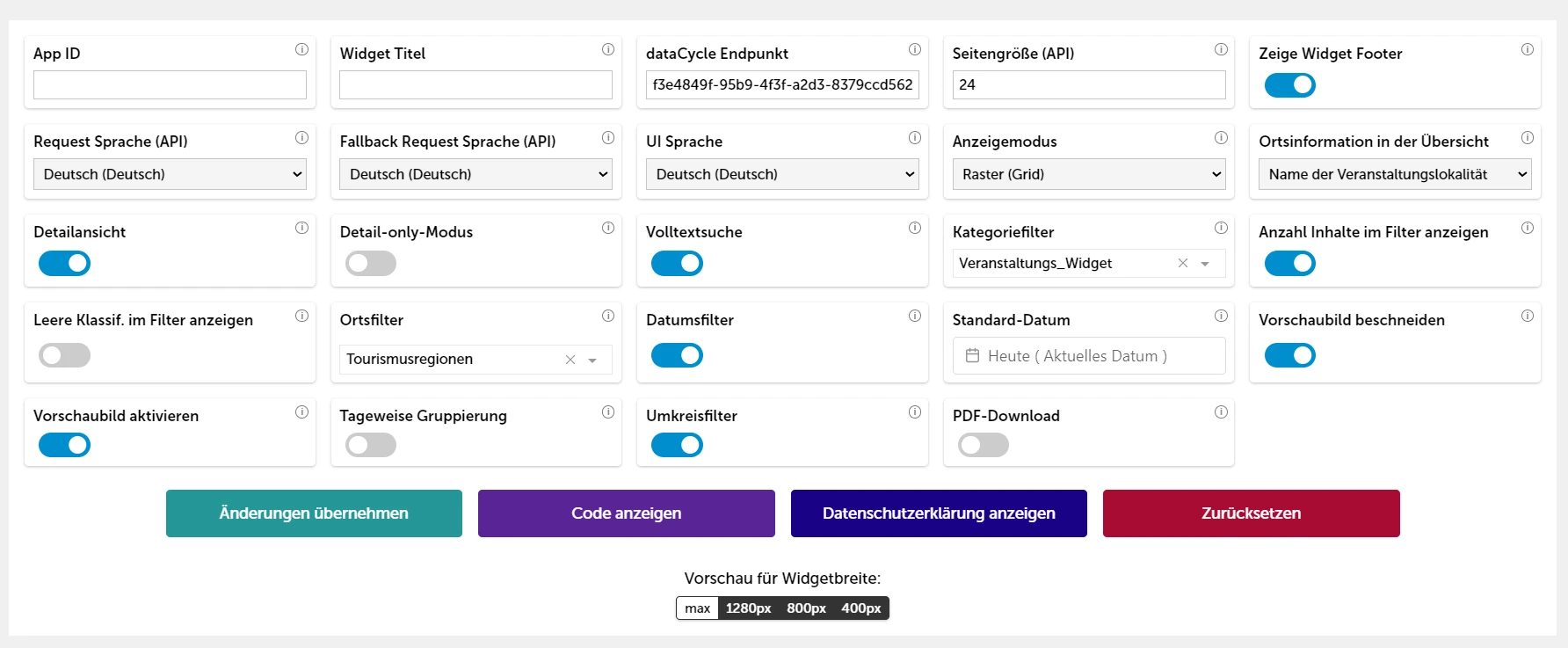 Konfiguration Veranstaltungswidget