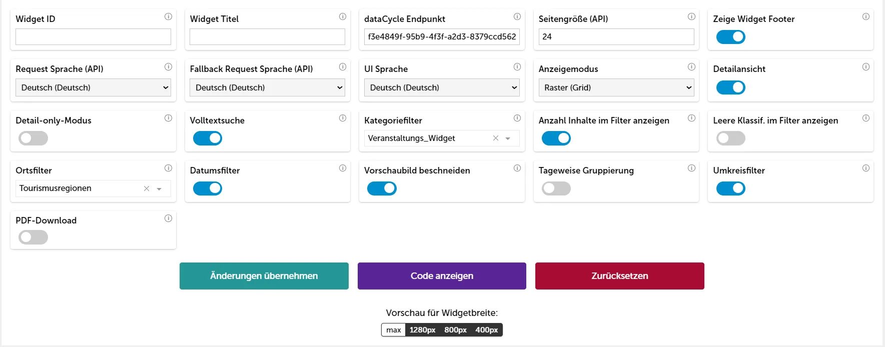 Konfiguration Veranstaltungswidget