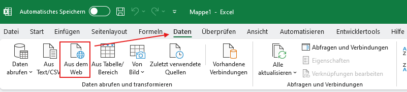 Excel Web Import Fenster